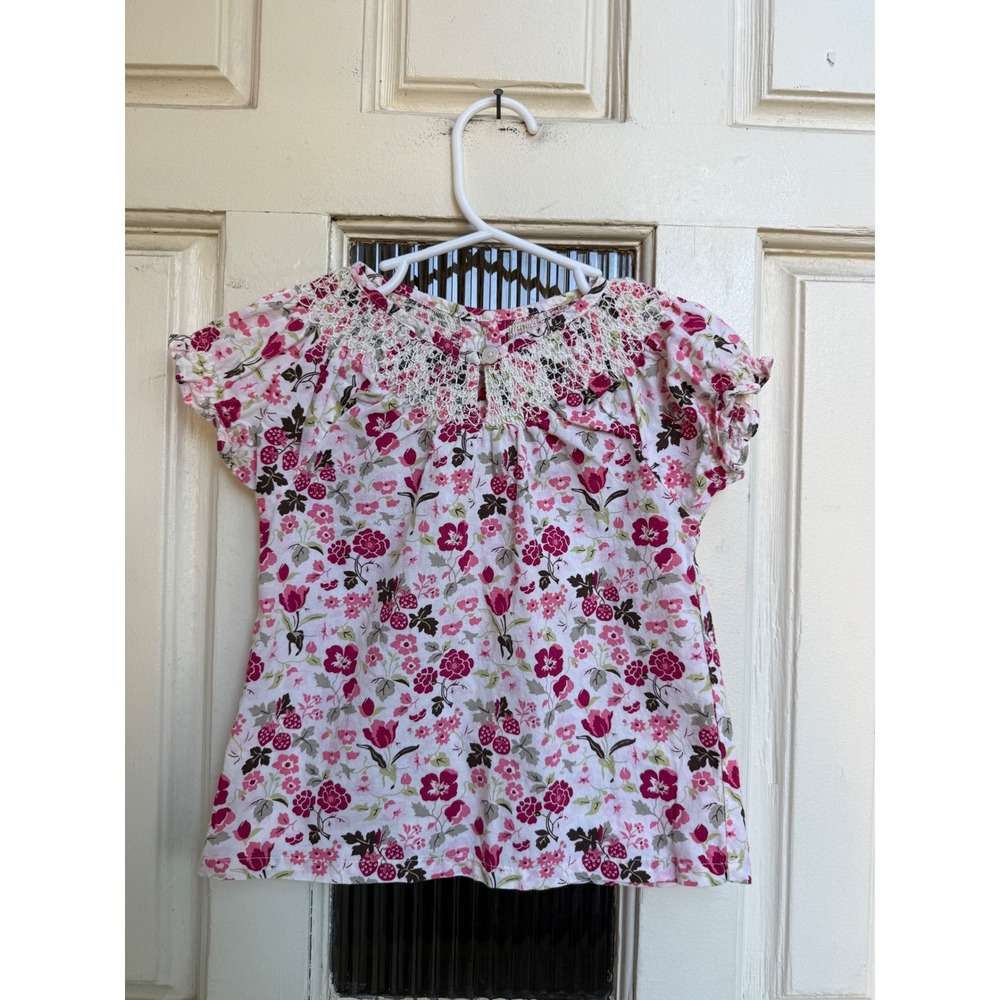 Janie and Jack Girls Pink Floral Smocked Button Back Cotton Blouse Size 2T